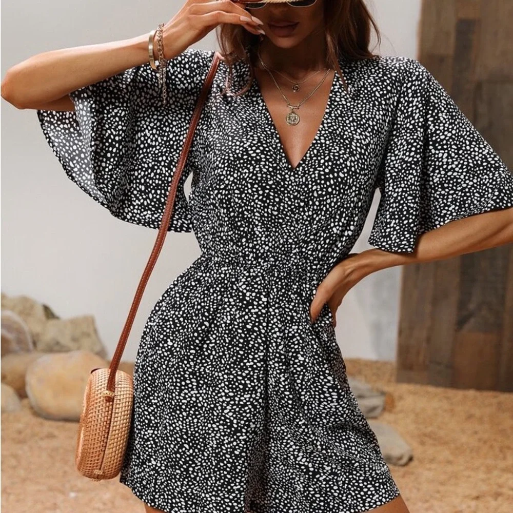 SHEIN Black and White Butterfly Sleeve Polka Dot Romper - Picture 4 of 11